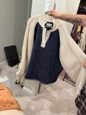 We The Free Two-Tone Navy and Cream Crewneck Henley Sweater